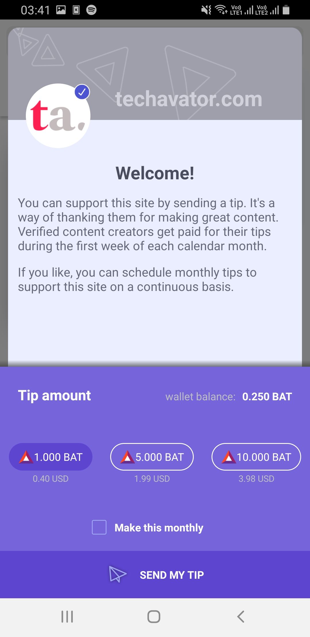 Brave tips banner on Android