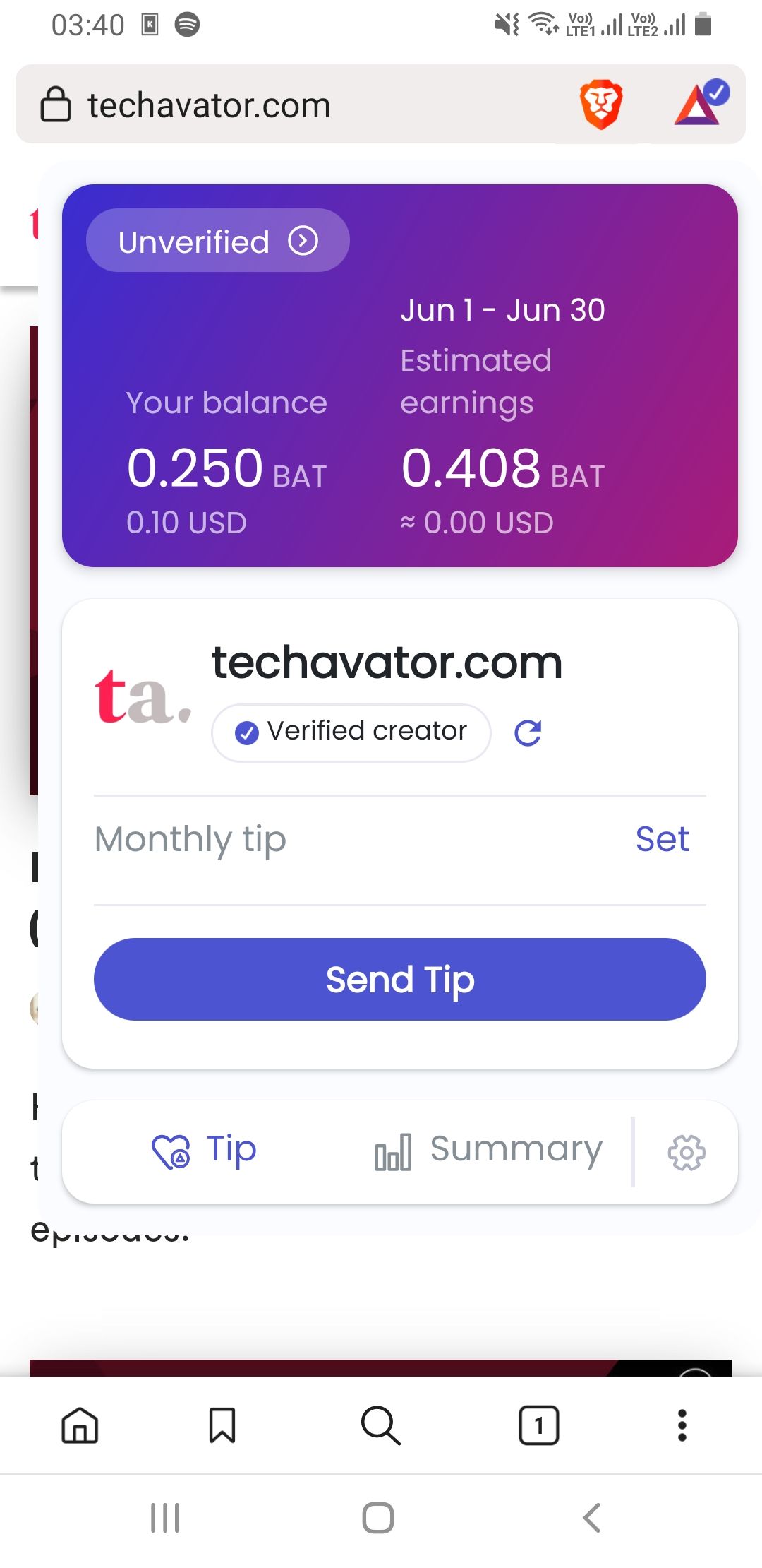 Brave tips feature on Android