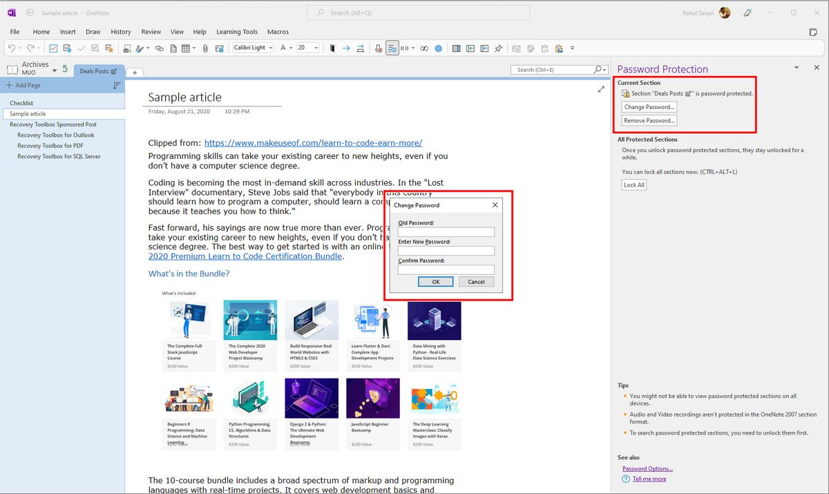 رمز عبور بخش OneNote2021 را تغییر دهید