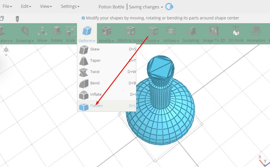 Selecting the flatten tool of SelfCAD from the deform section of the toolbar