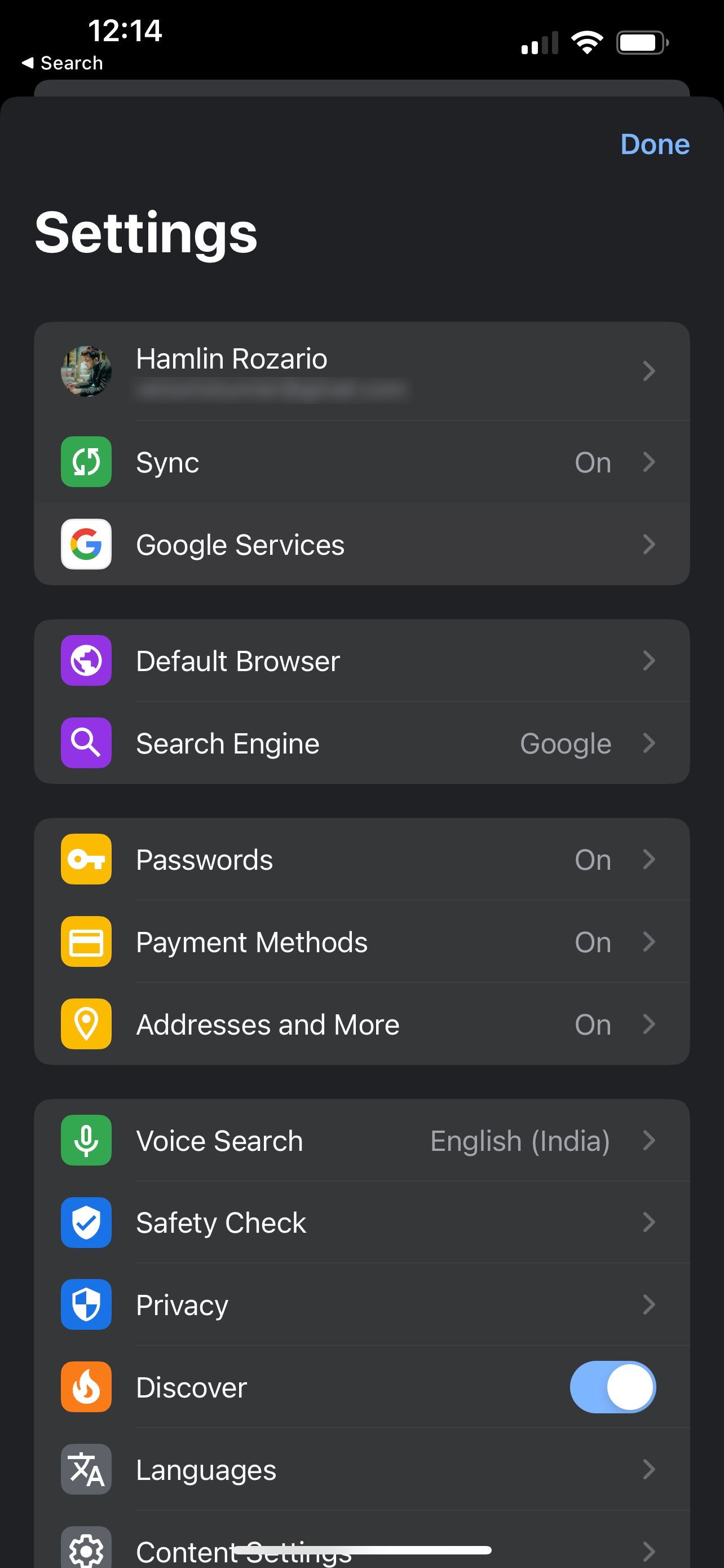 Chrome settings menu in iOS