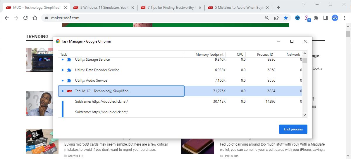Chrome task manager screenshot