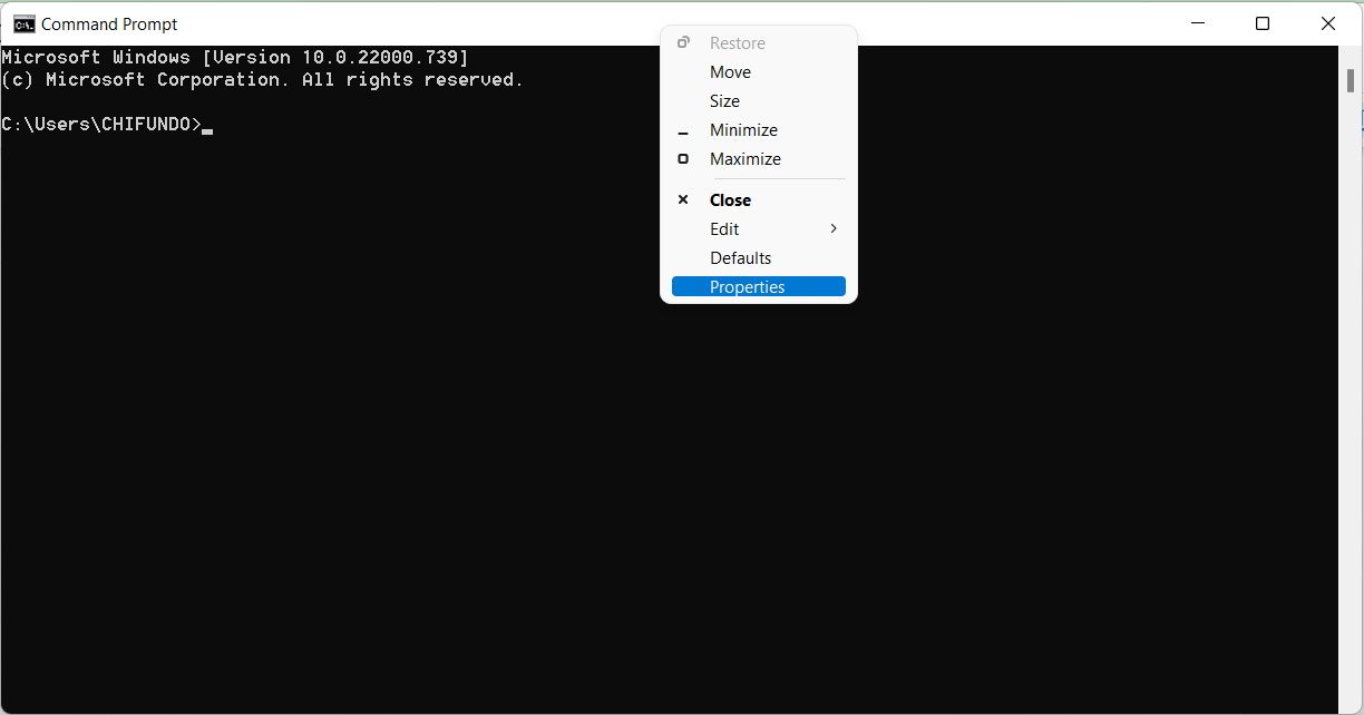 selecting command prompt's properties from its title bar