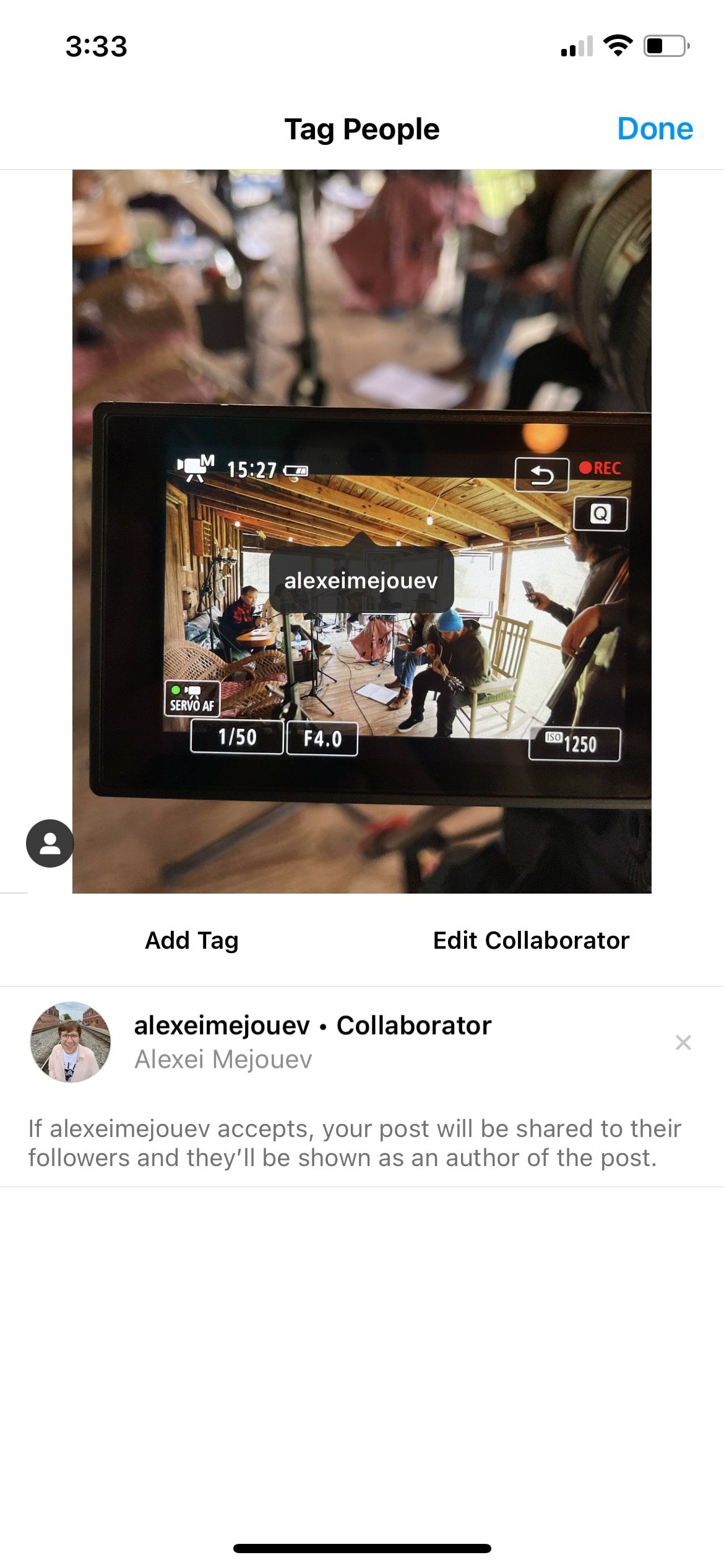 Screenshot of an added collaborator for and Instagram post