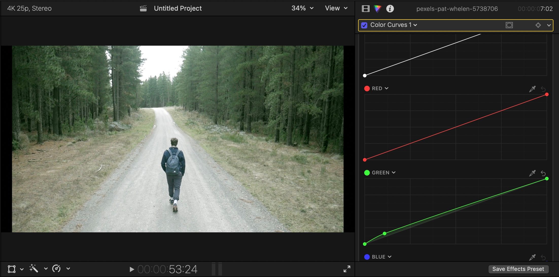 Screenshot of color curves features in Final Cut Pro adjusted to show more green