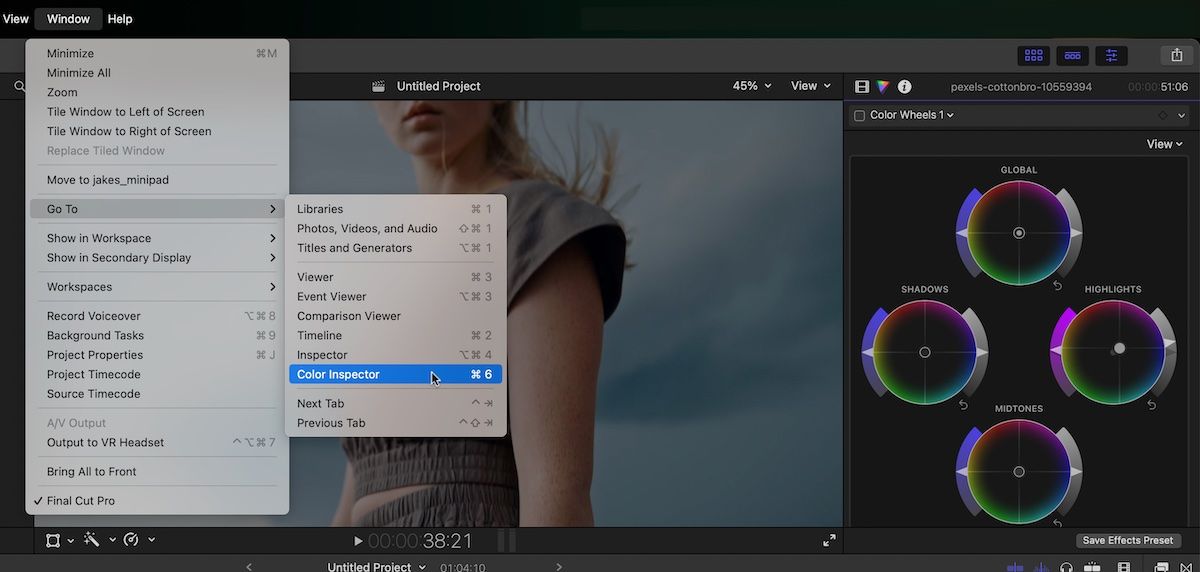 Screenshot of Final Cut Pro with the menu showing the path to open the Color Inspector