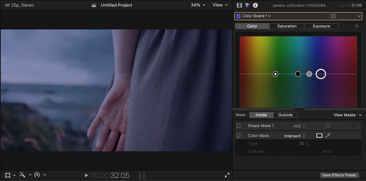 Screenshot of the colorboard tool in Final Cut Pro alongside a video clip