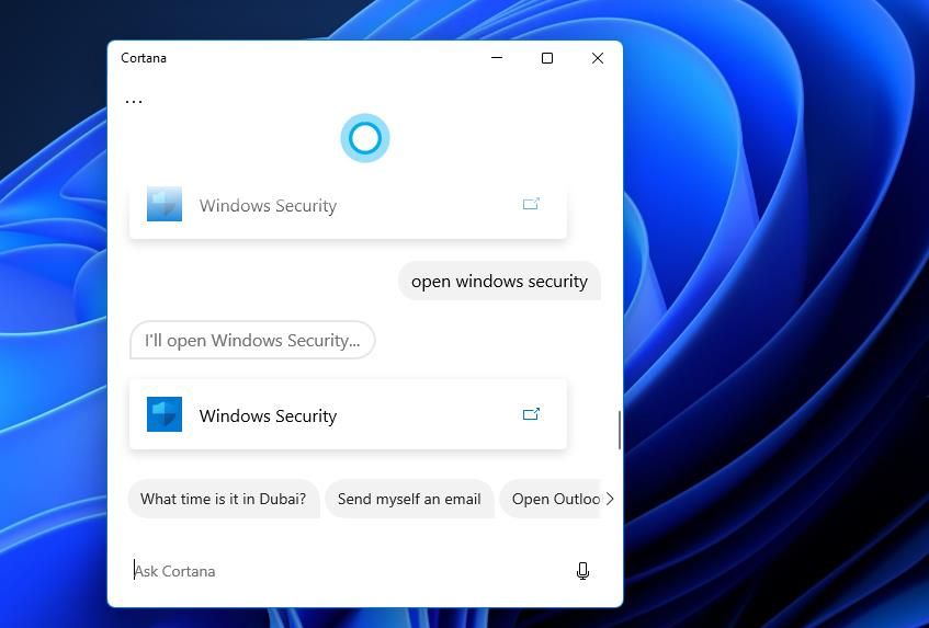 Open Windows Security Cortana command 