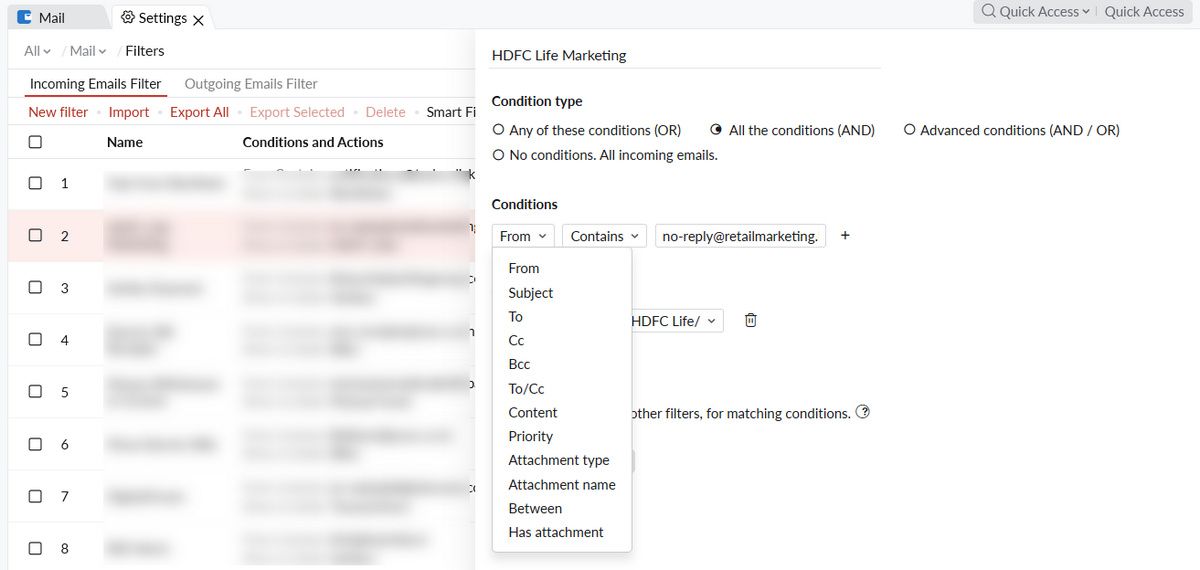 ایجاد فیلترهای جدید zoho mail
