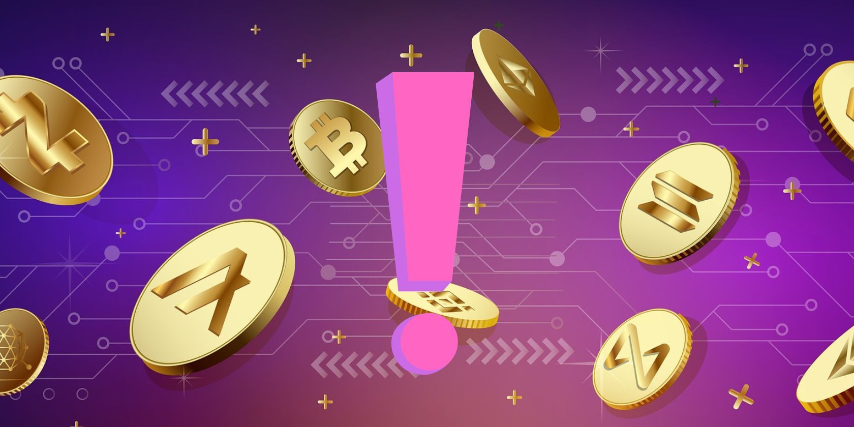 various crypto coins behind purple exclamation mark