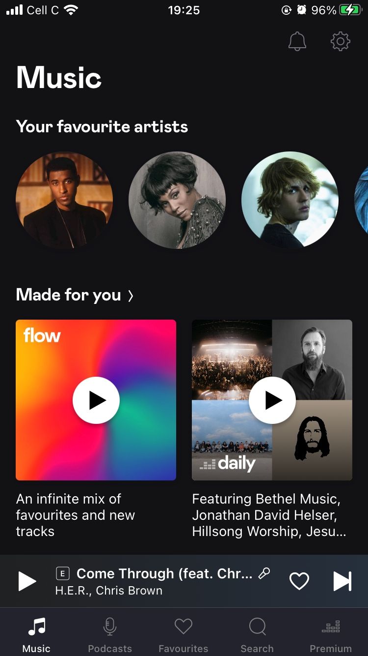 deezer music page showing favorite artists and made for you