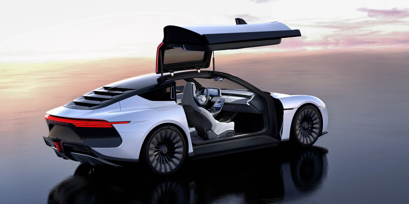delorean alpha5 launch edition silver with gull wing door open on passenger side showing interior