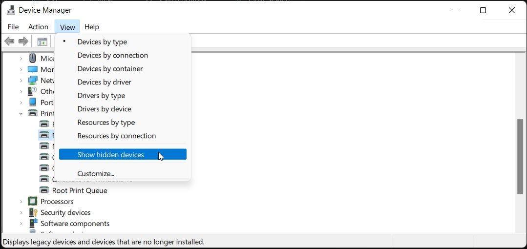 Geräte-Manager-App mit ausgewählter Option „Ausgeblendete Geräte anzeigen“ in Windows 11