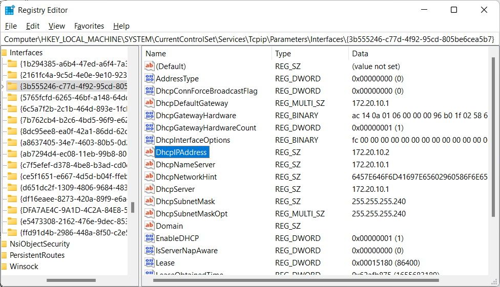 the dhcpipaddress entry in the windows registry