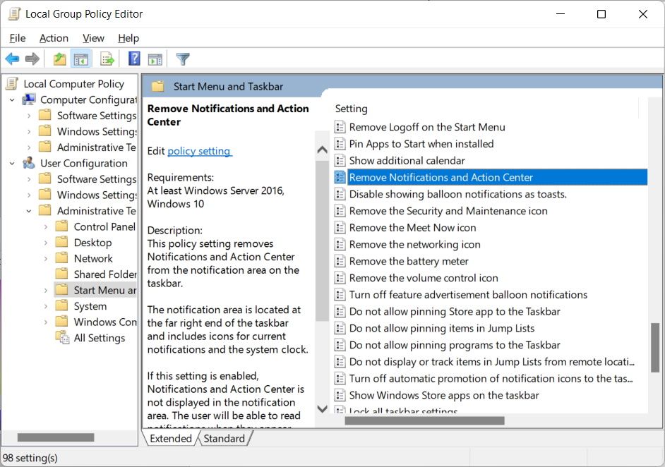 the remove notifications and action center policy in the local group policy editor on windows