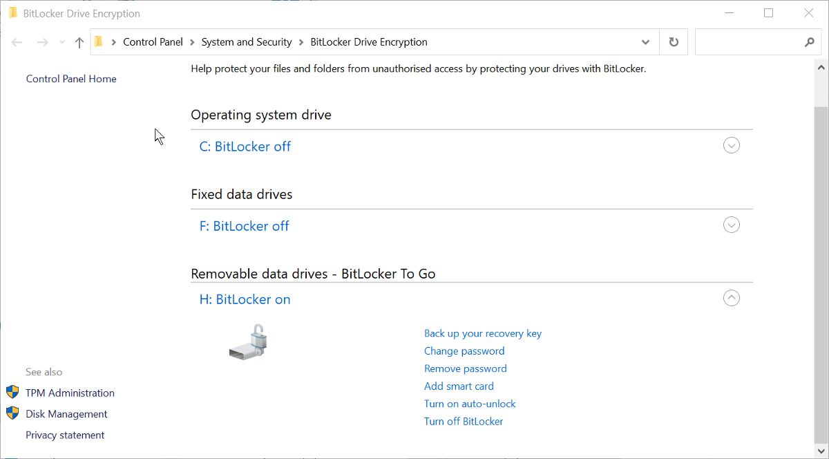 صفحه مدیریت BitLocker در ویندوز 10