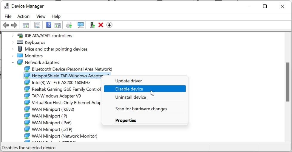 disable device manager for vpn NIC