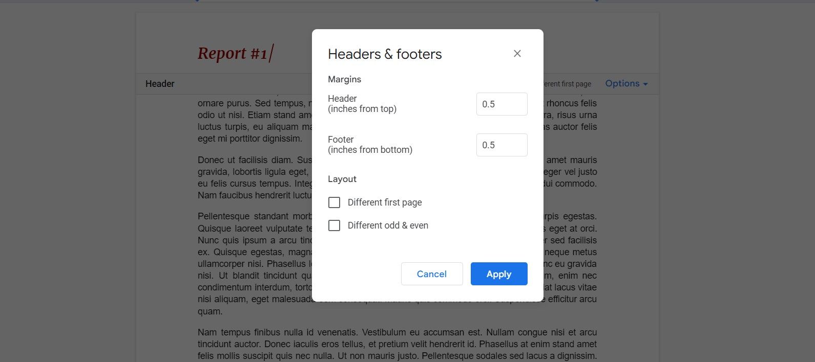 Customizing headers and footers in Google Docs
