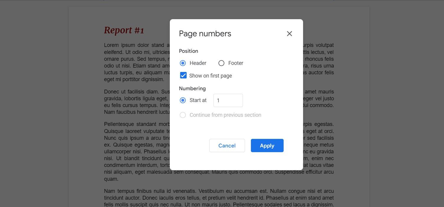 Adding page numbers in Google Docs