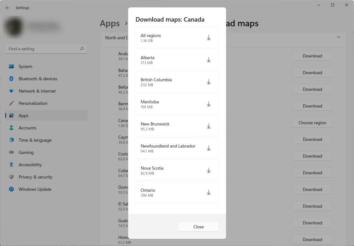 regions of canada pop up when downloading offline maps in windows 11