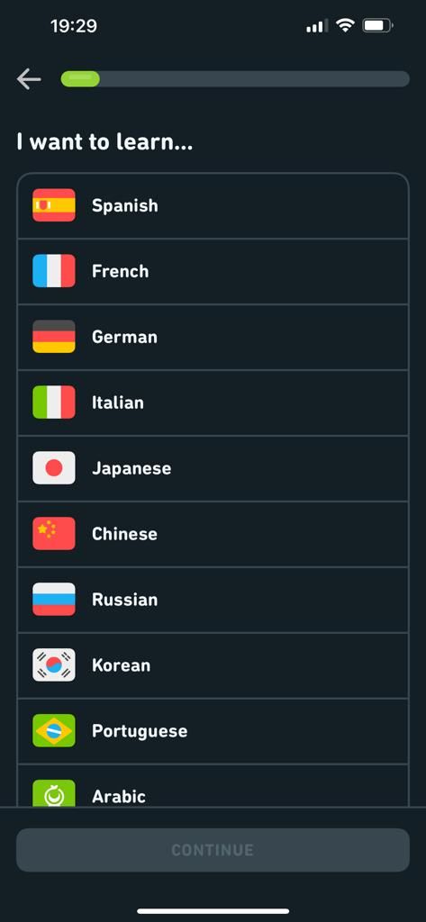 Screenshot of Duolingo showing language selection page