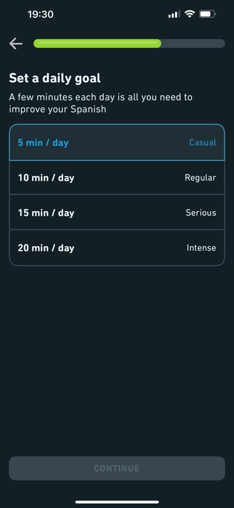 Screenshot of Duolingo showing the set schedule page