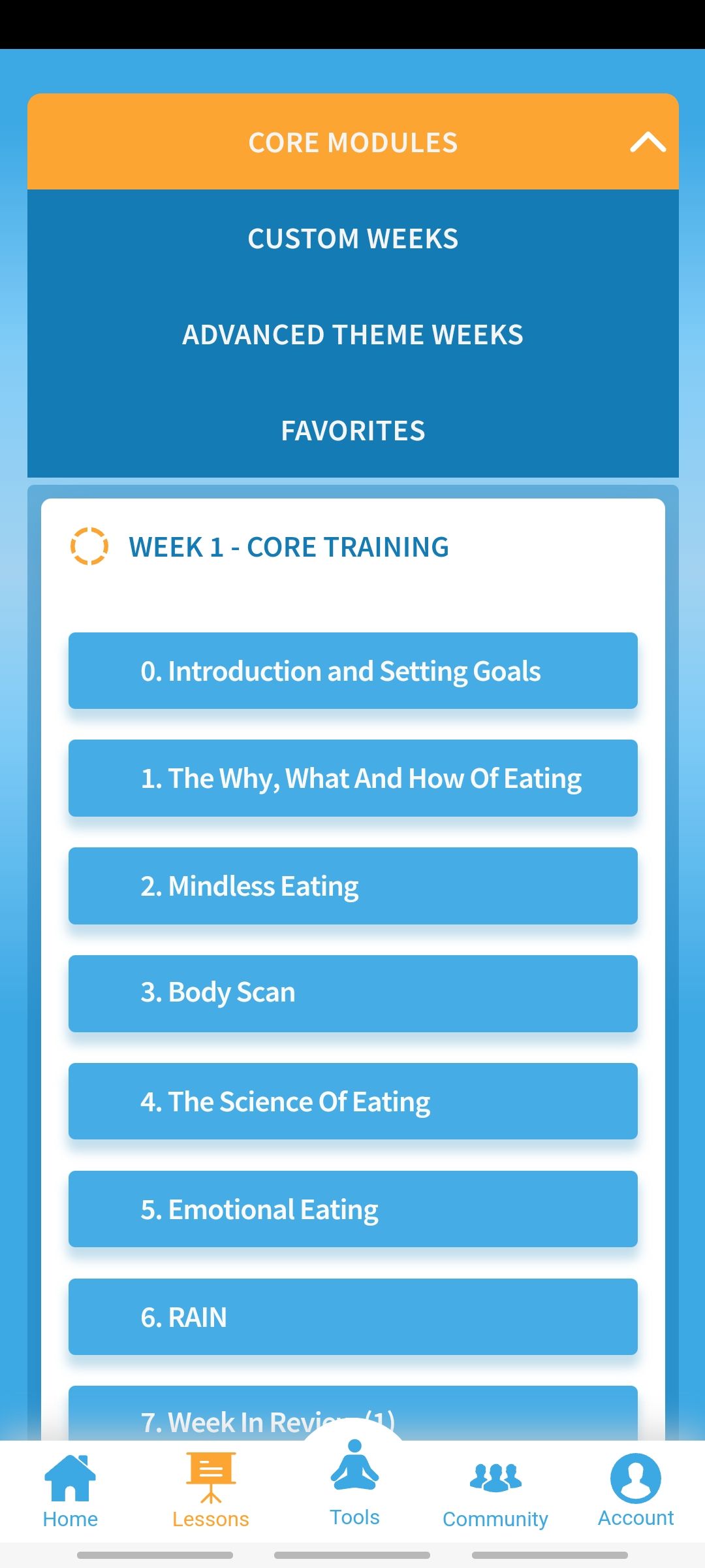eat right now app lessons tab showing different modules you can learn
