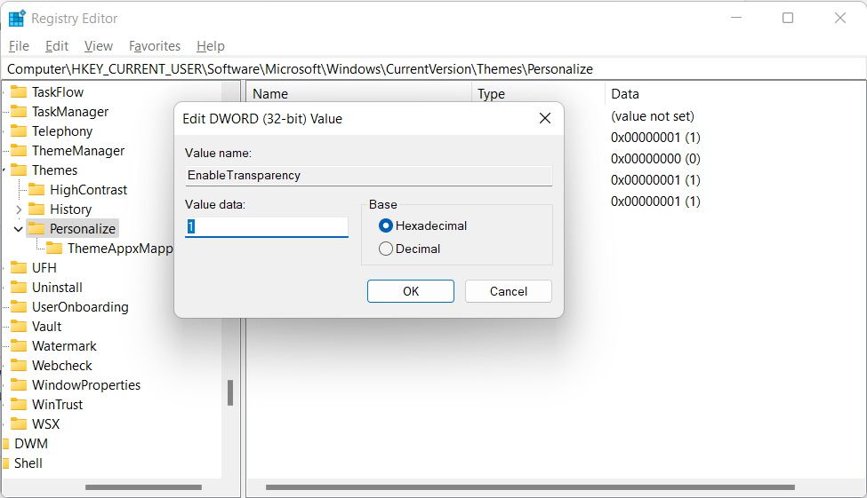 editing the enabletransparency dword in the windows registry