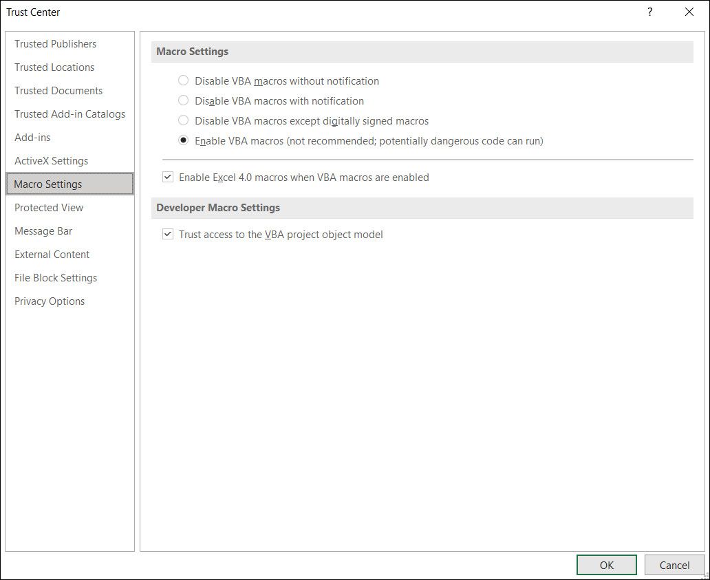 Enable VBA macros option in Excel