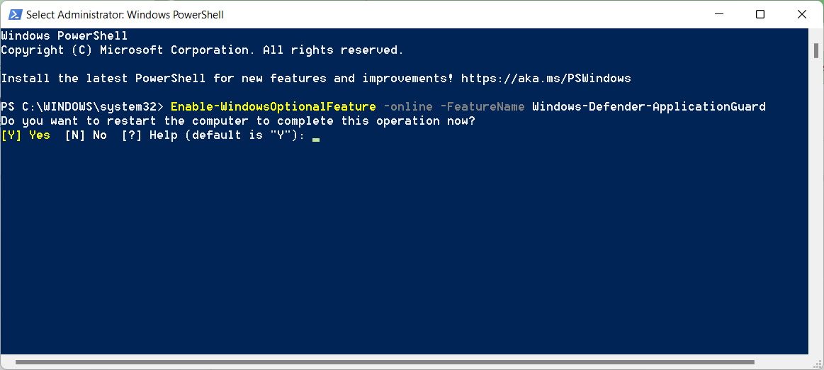 powershell prompting the user to enter y for yes or n for no to restart the computer after enabling microsoft defender application guard