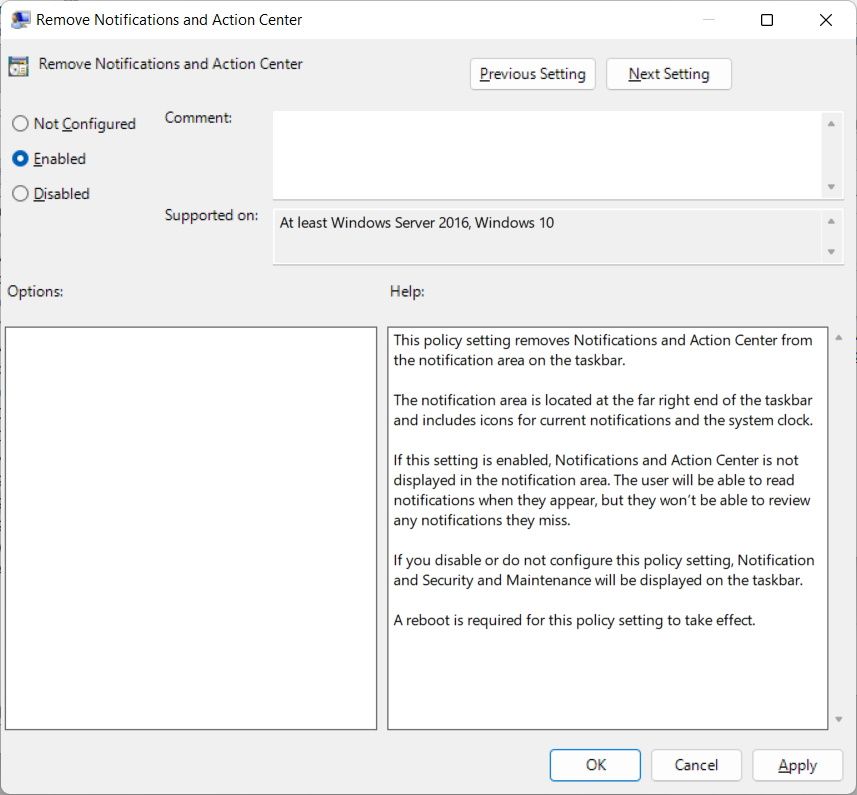 enabling the remove notifications action center policy in the windows local group policy editor