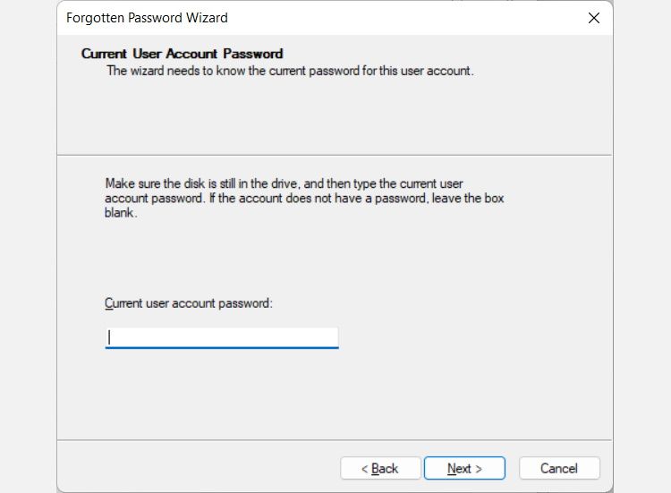 entering your current user password in the forgotten password wizard on windows 11