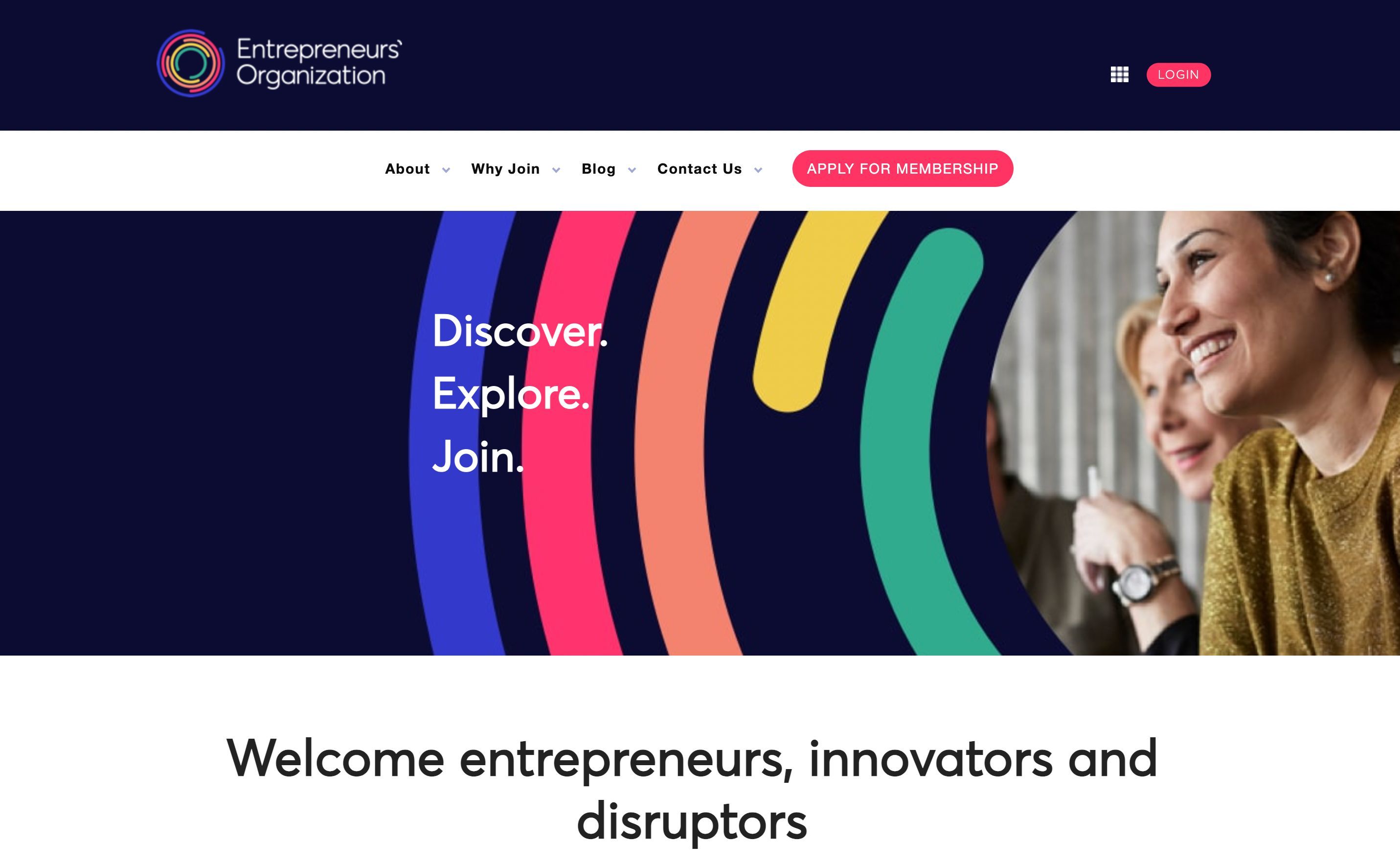 Home page of entrepreneurs' organization showing its navigation menu and other details