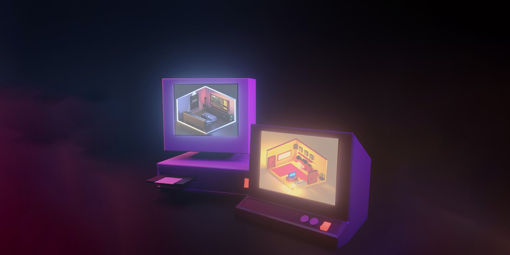 Two computer screens displaying isometric image of room in 3D space.