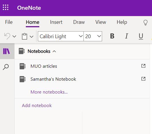 existing notebooks dropdown list in OneNote