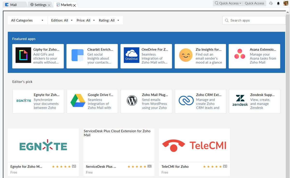 بازار افزونه برای ایمیل zoho