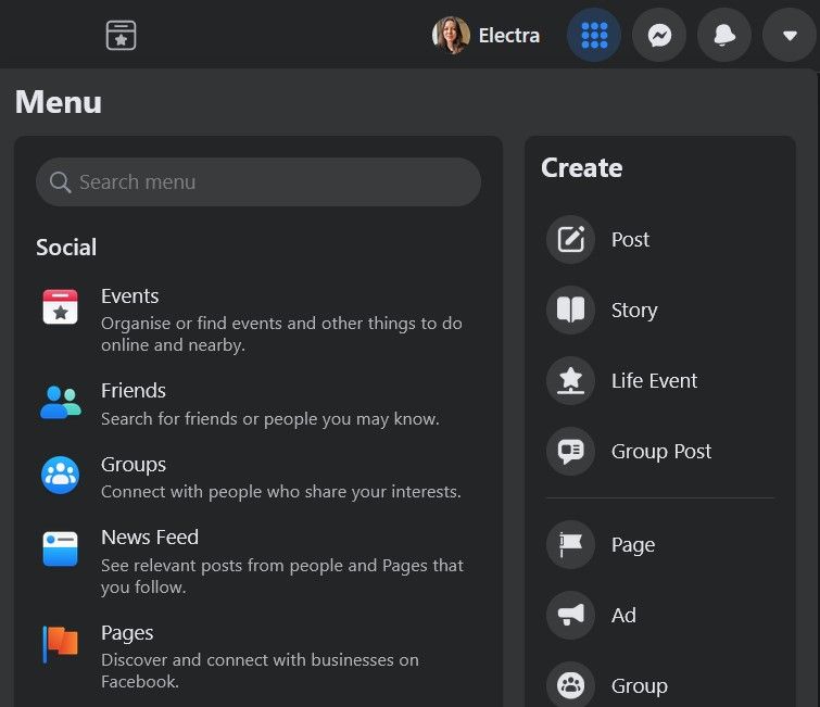Facebook Menu Icon and Features