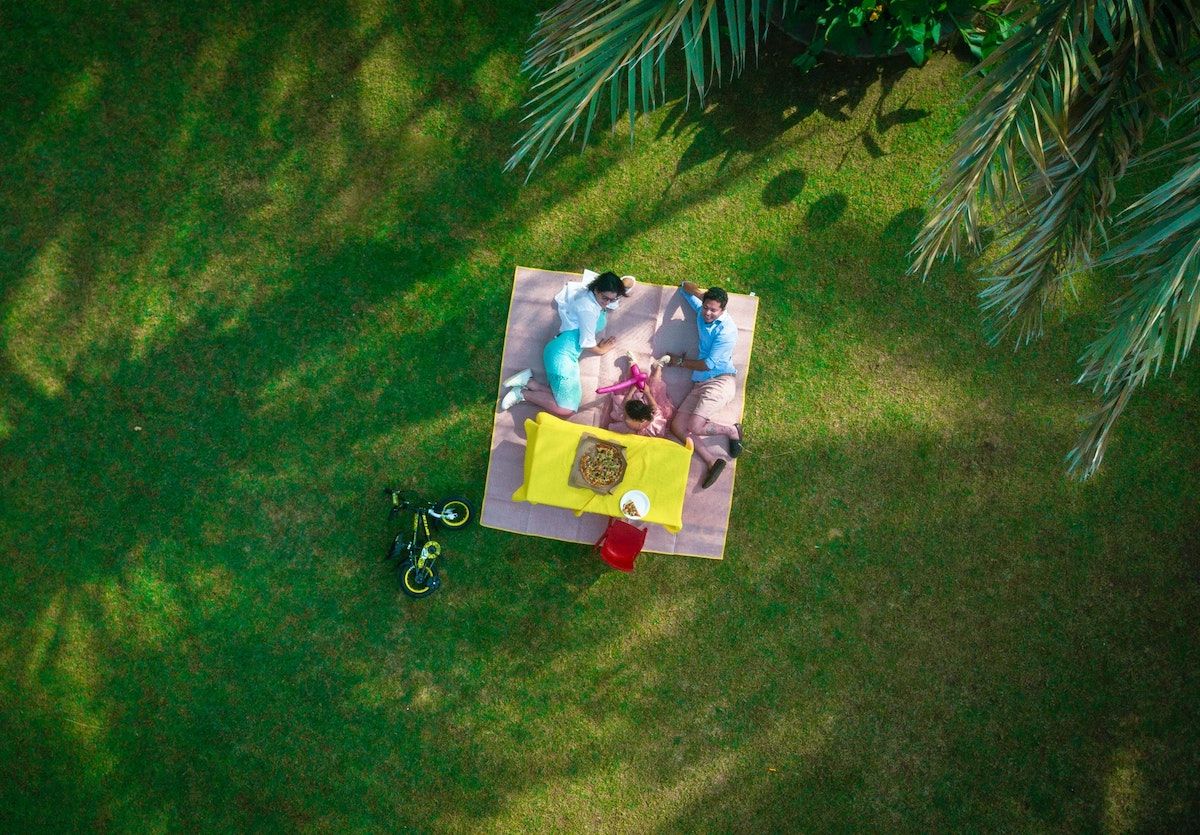 An overhead shot overlooking a family picnic, probably taken with a drone camera.