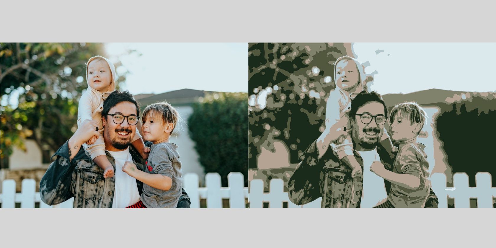 There are two family photos side by side. The right side has a stylized art effect applied.