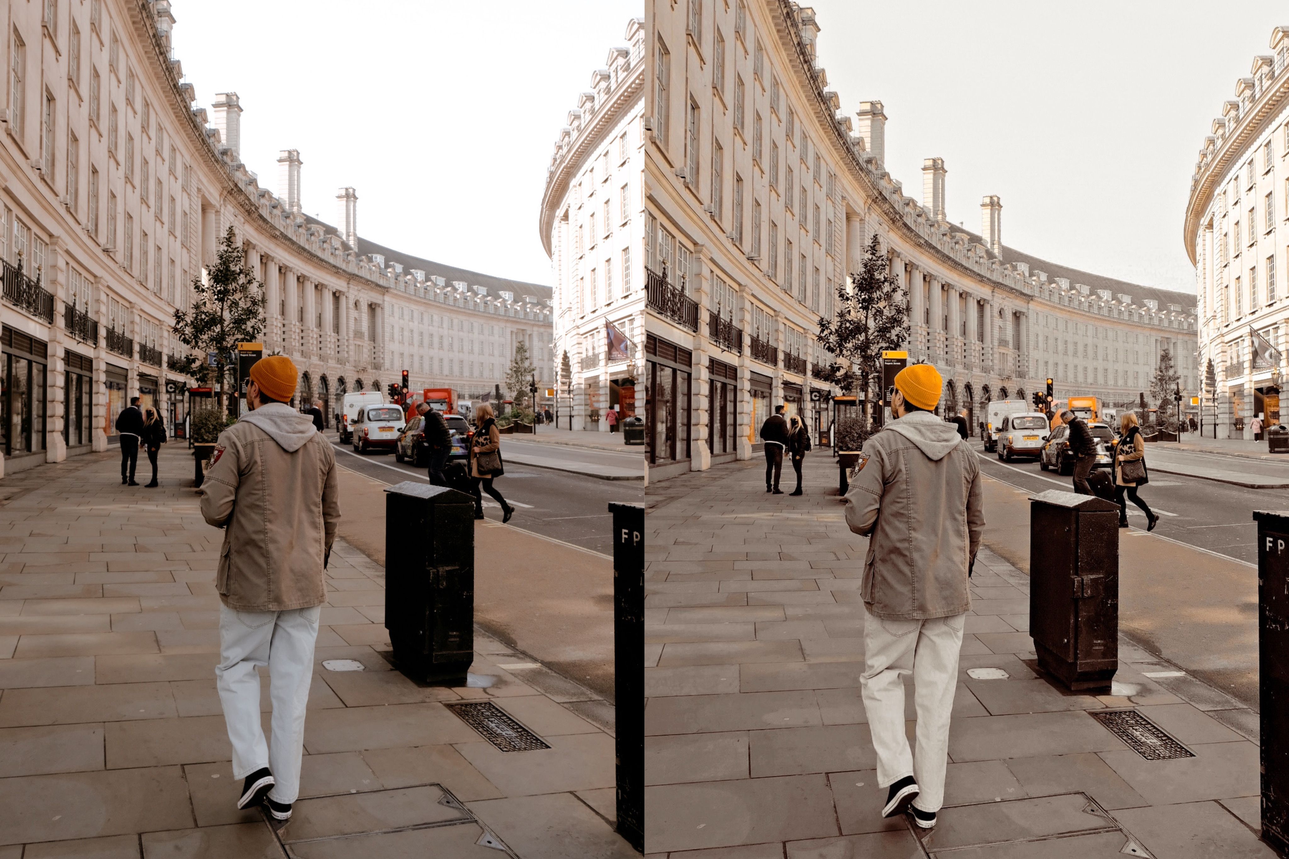 comparing the filter and preset of man with beanie walking in the streets of London