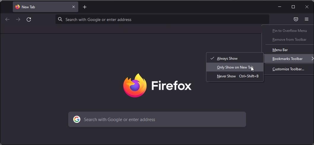 firefox bookmarks toolbar hide show