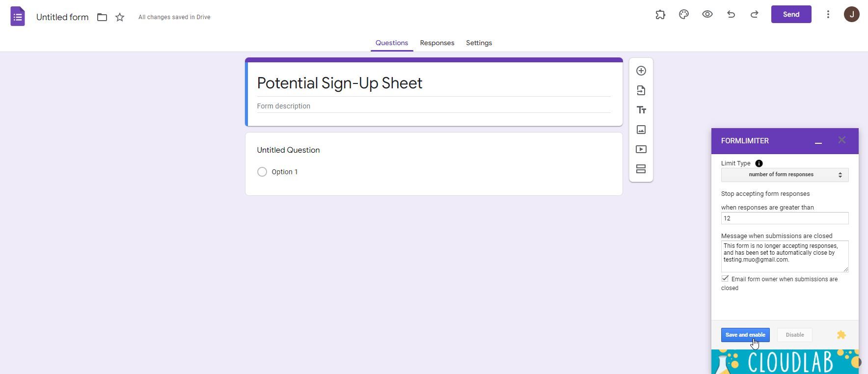 A Screenshot of the formLimiter Add on for Google Forms