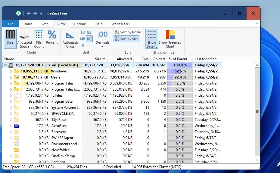 Full drive folder storage usage details in TreeSize