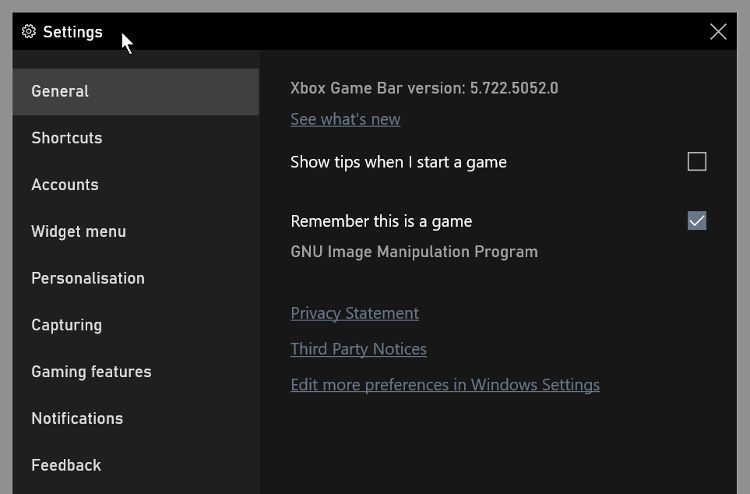 تنظیمات در ابزار Windows Game Bar