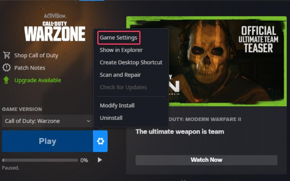 The Game Settings option 