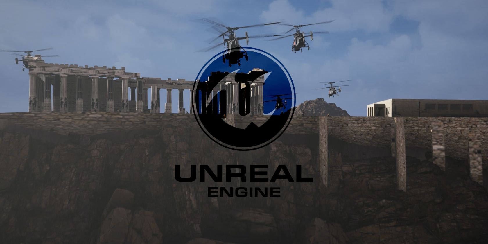 The Unreal Engine logo superimposed onto an example scene featuring helicopters