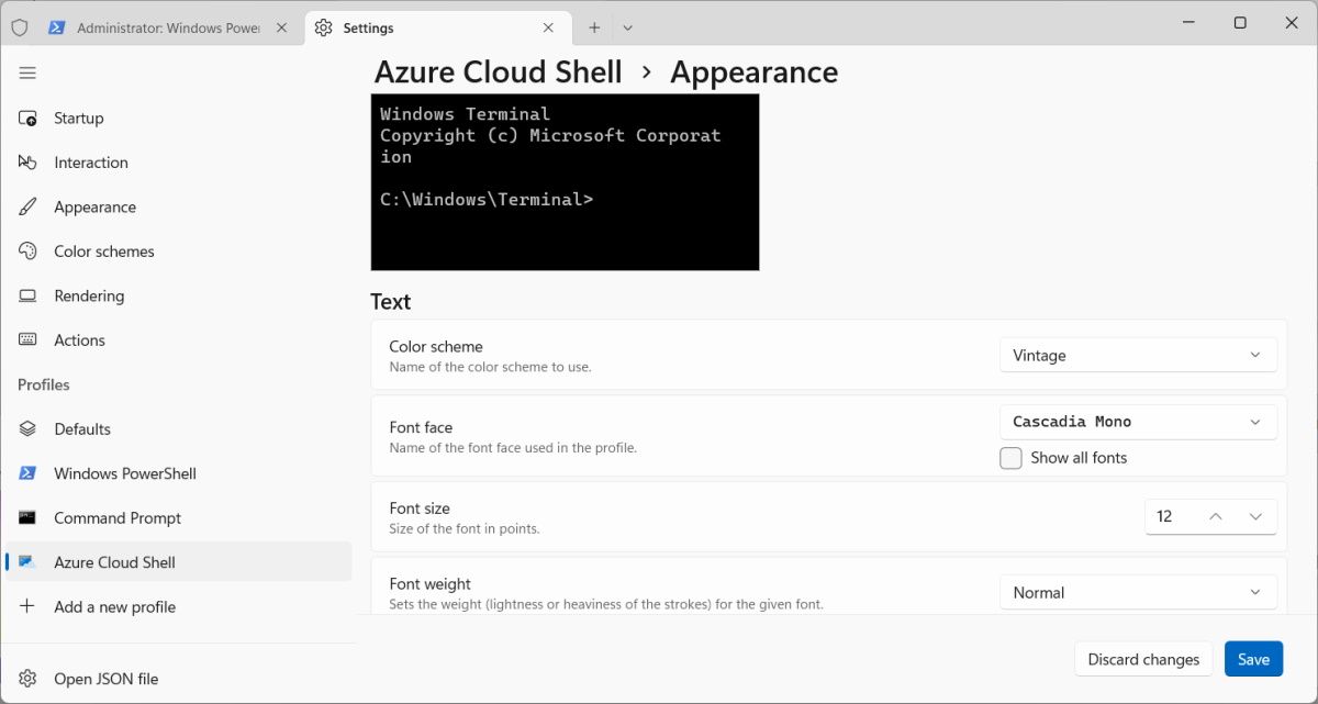 the appearance settings of the azure cloud shell profile in windows terminal