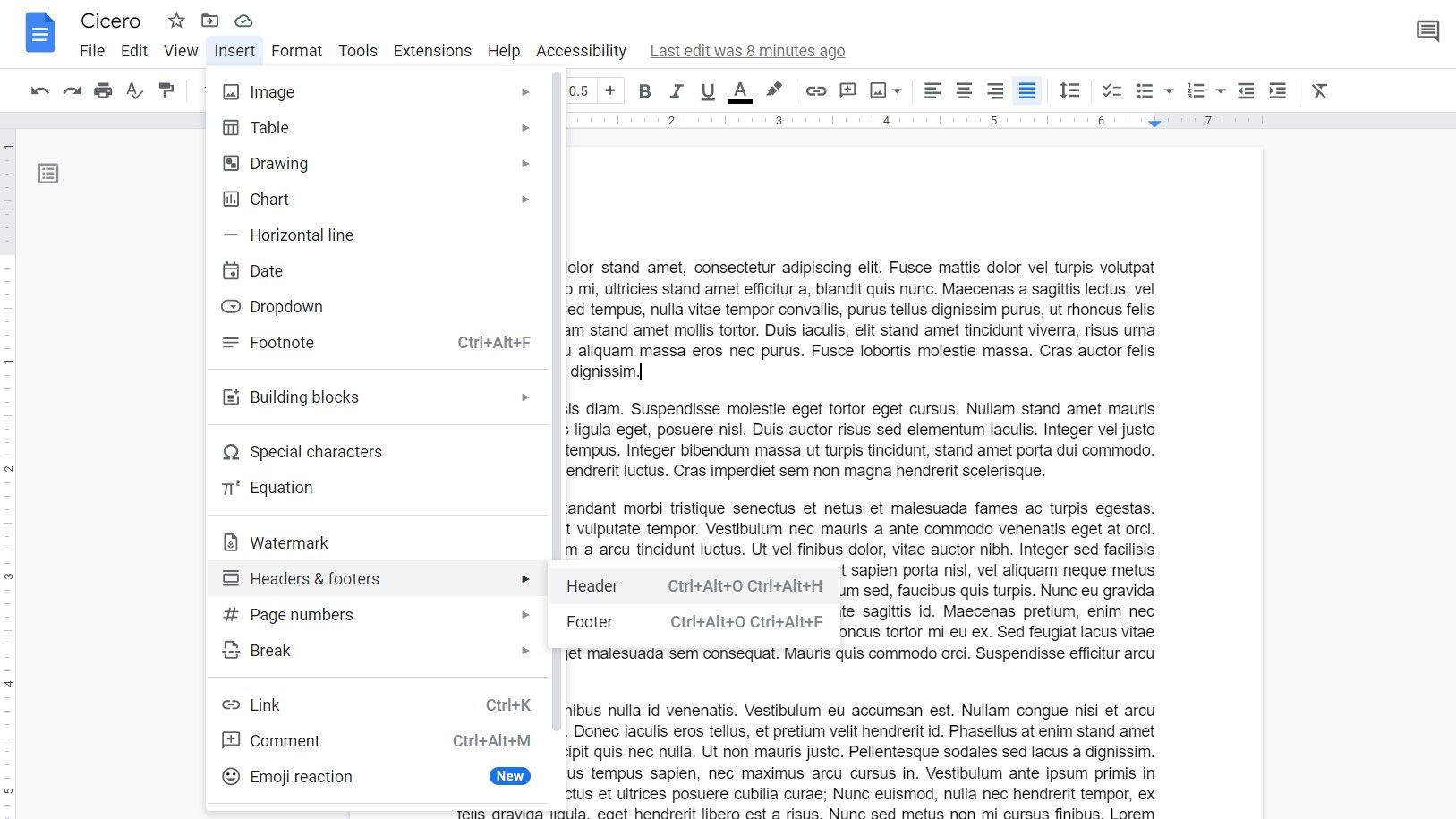 Inserting header or footer in Google Docs