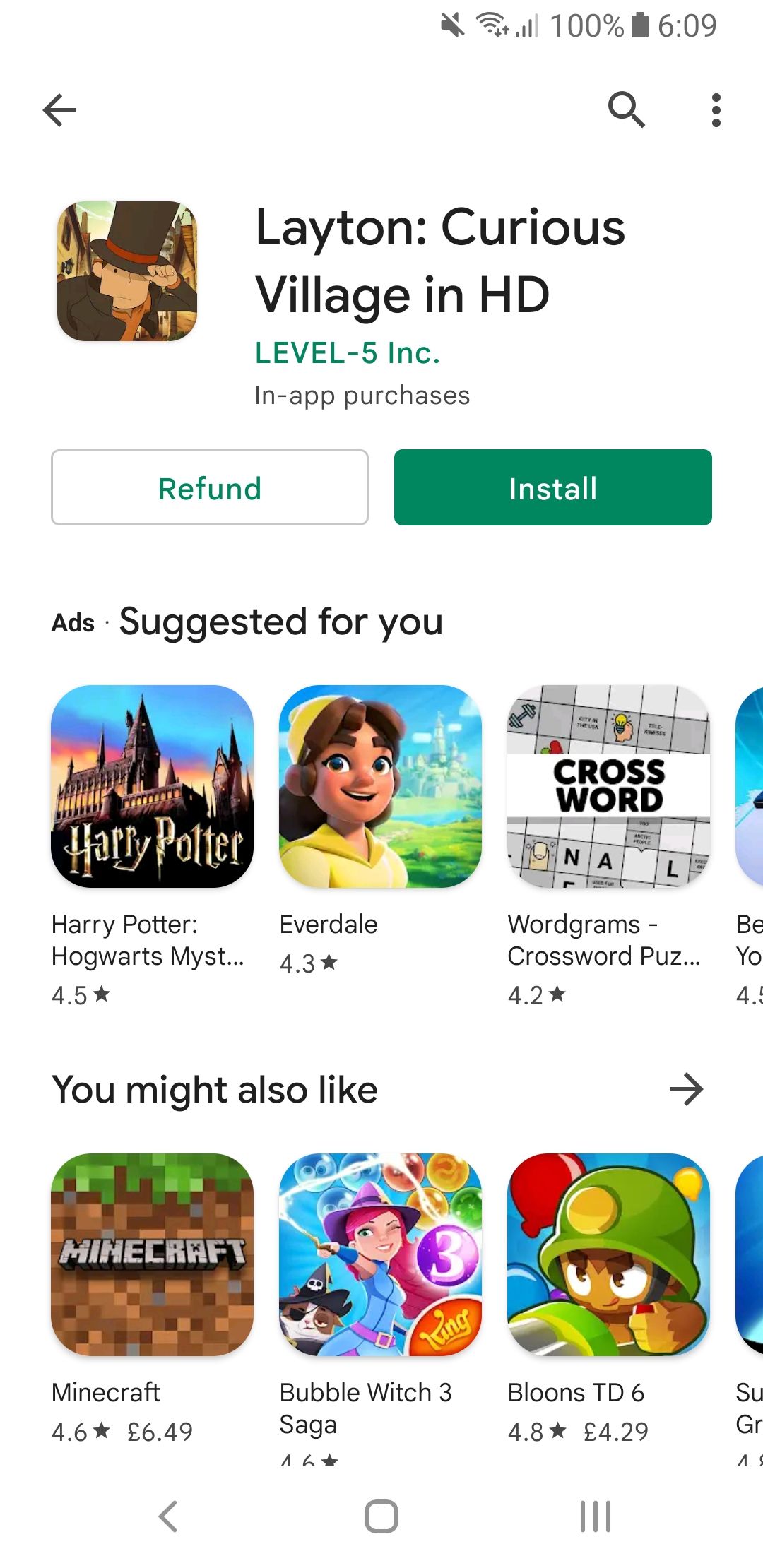 google play store app with refund button