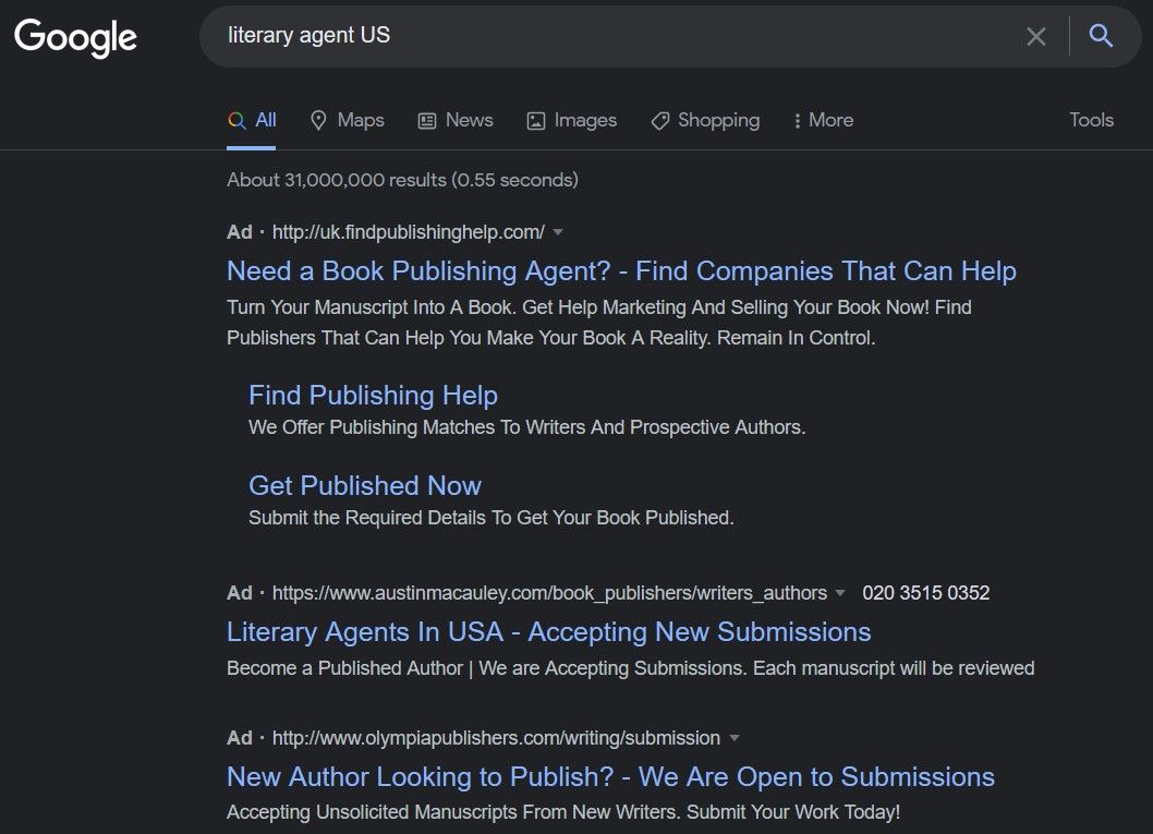 Google Search for Literary Agent in US